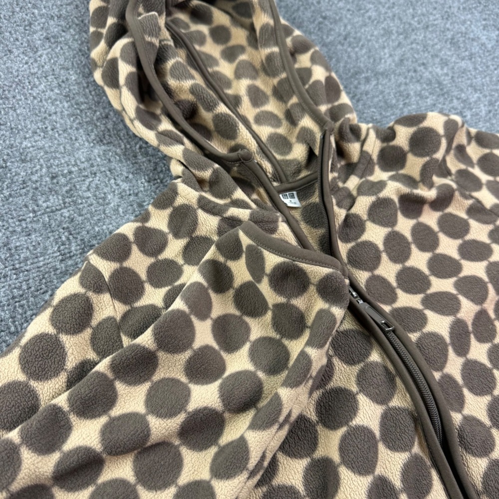 Uniqlo Fleece Hoodie Medium Brown Polka Dot Full Zip Long Sleeve Women